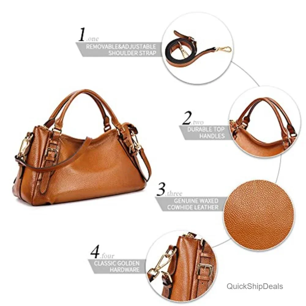 Genuine Leather Satchel Hobo Bag with Removable Strap